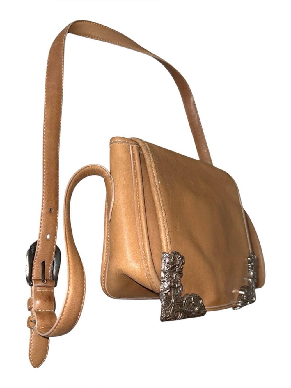 Brighton Tan Leather Crossbody with Ornate Silver Corner Accents